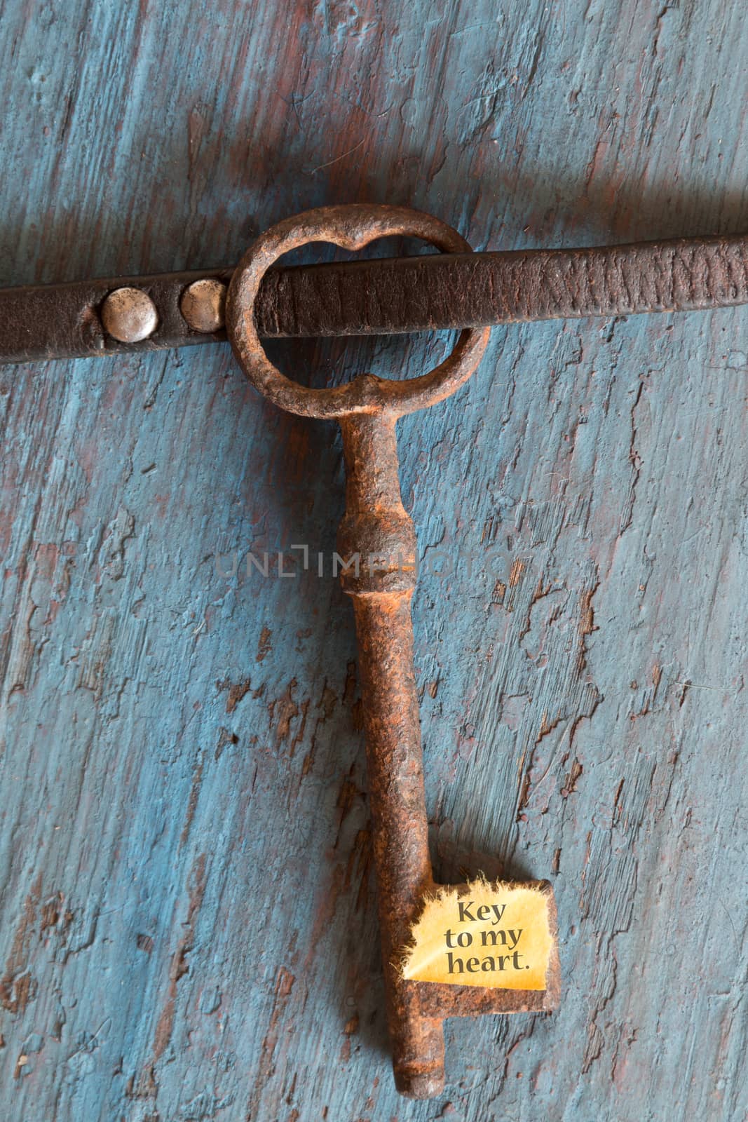 Key to my heart. Concept for love, relationship, friendship and loneliness. Vintage card with old key.