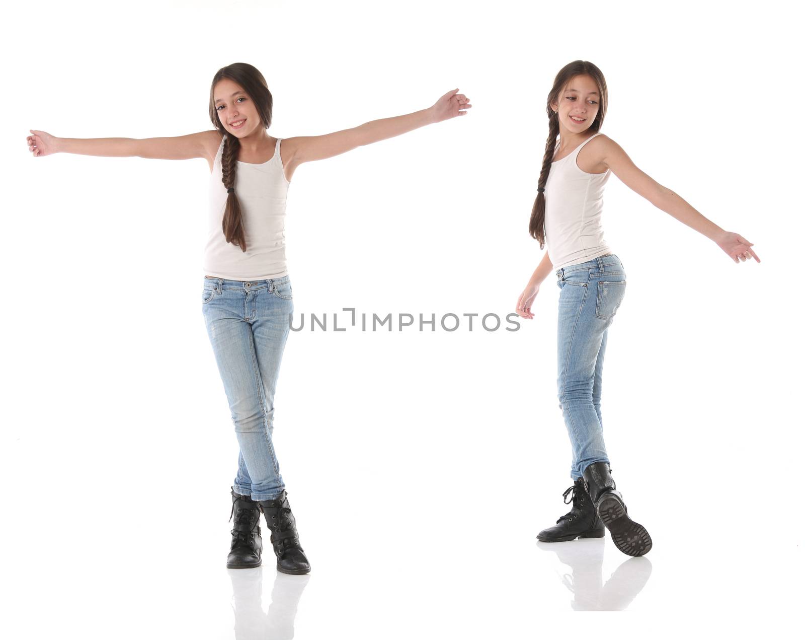 Collage of a lovely young girl doing a happy dance. Isolated on white background