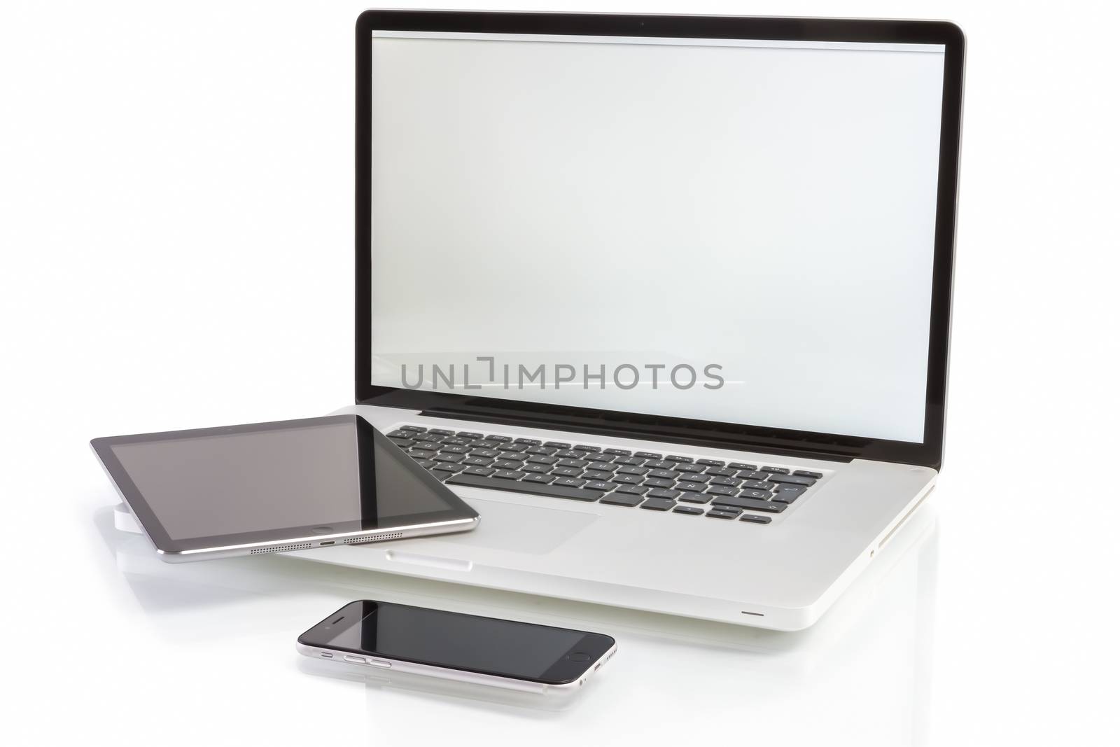 modern computer devices - laptop, tablet and phone with copy space on screen