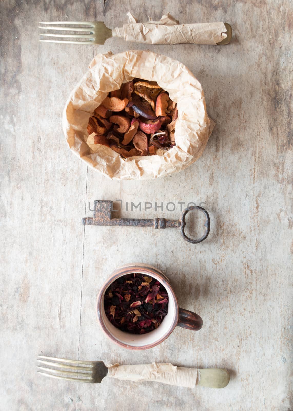 food background fork and dried apples, diet concept