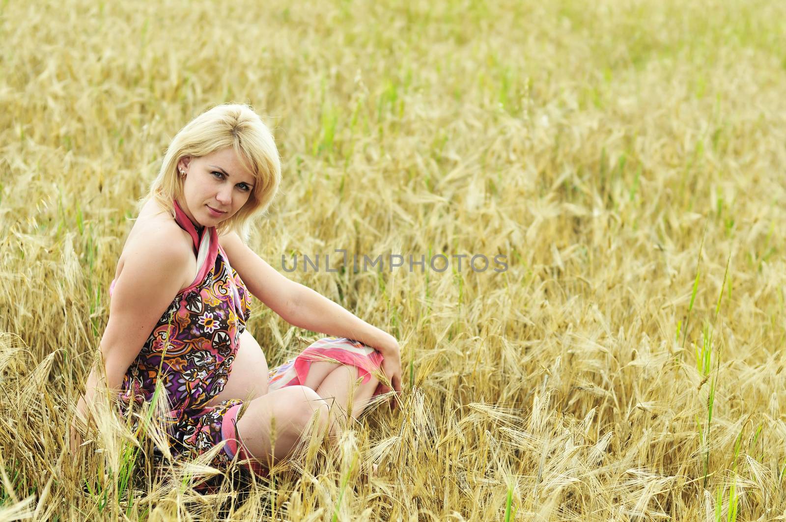 pregnant woman doing meditation in wheat field 