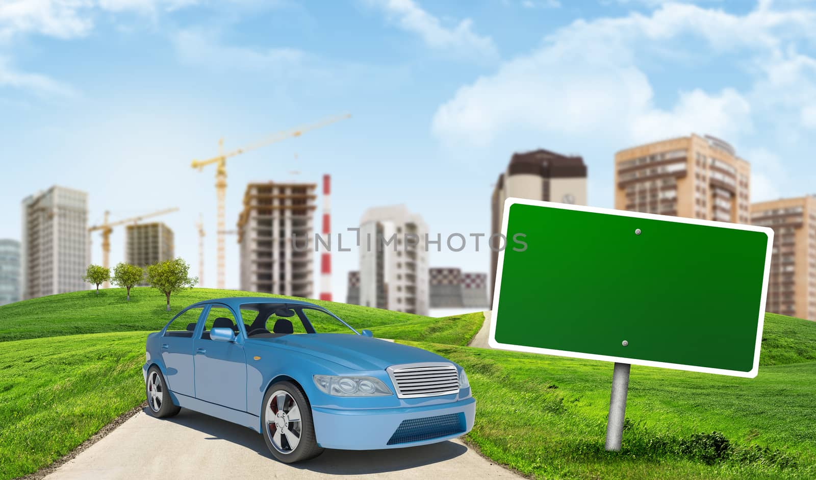 Blue car on urban background with buildings and sign