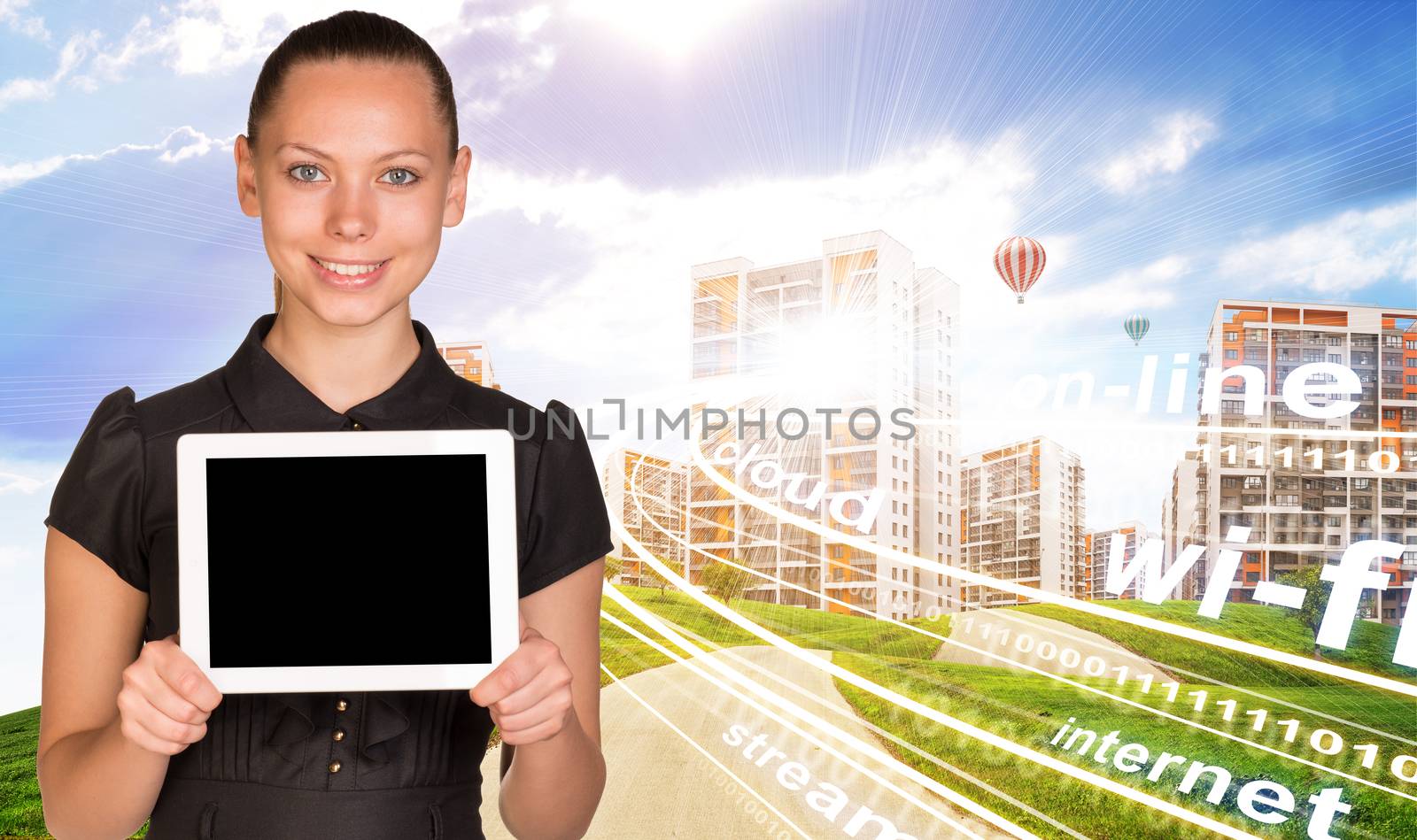 Businesslady holding tablet and cityscape under blue sky with balloons and waves