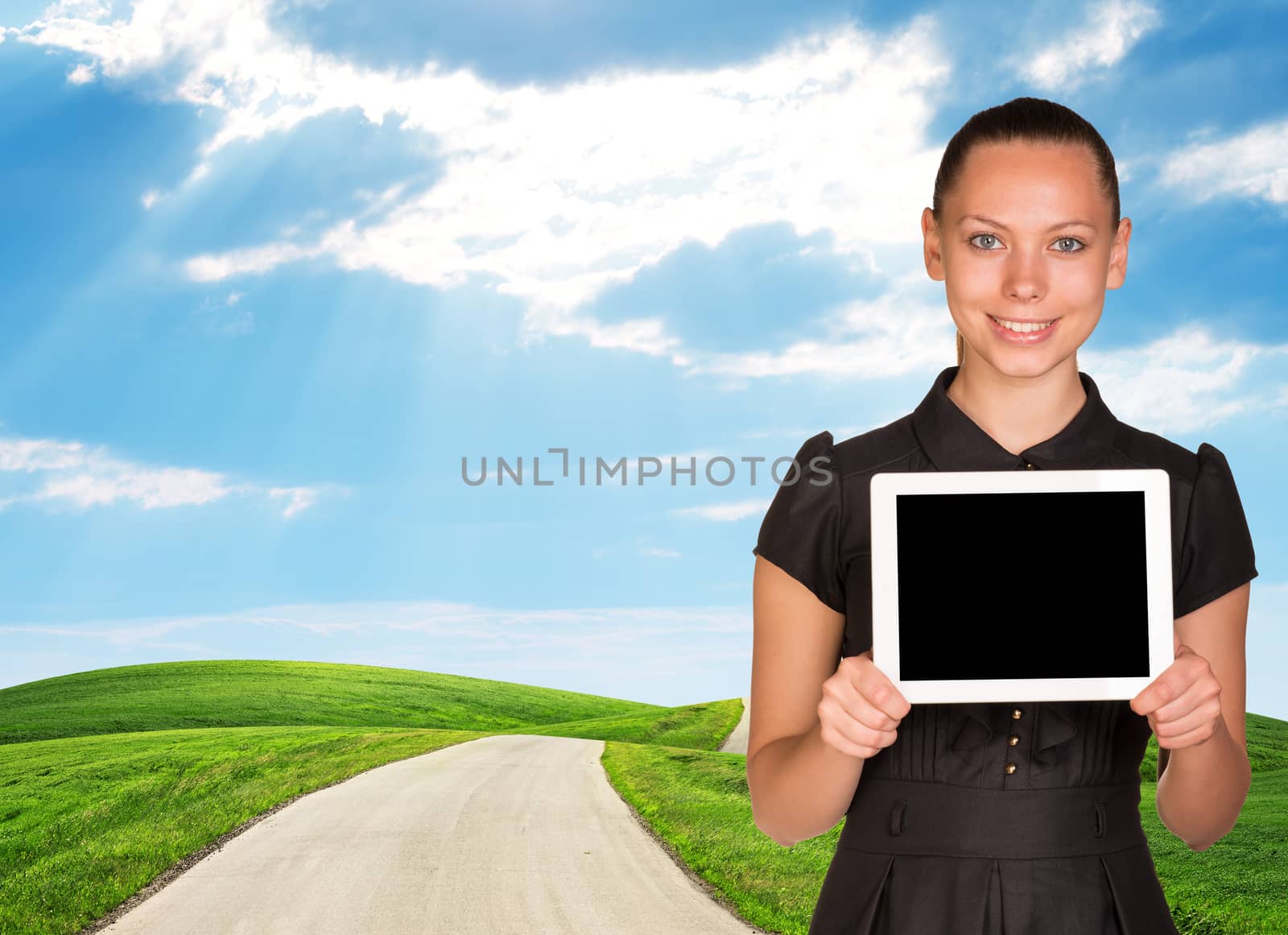 Young woman and landscape under blue sky with road 