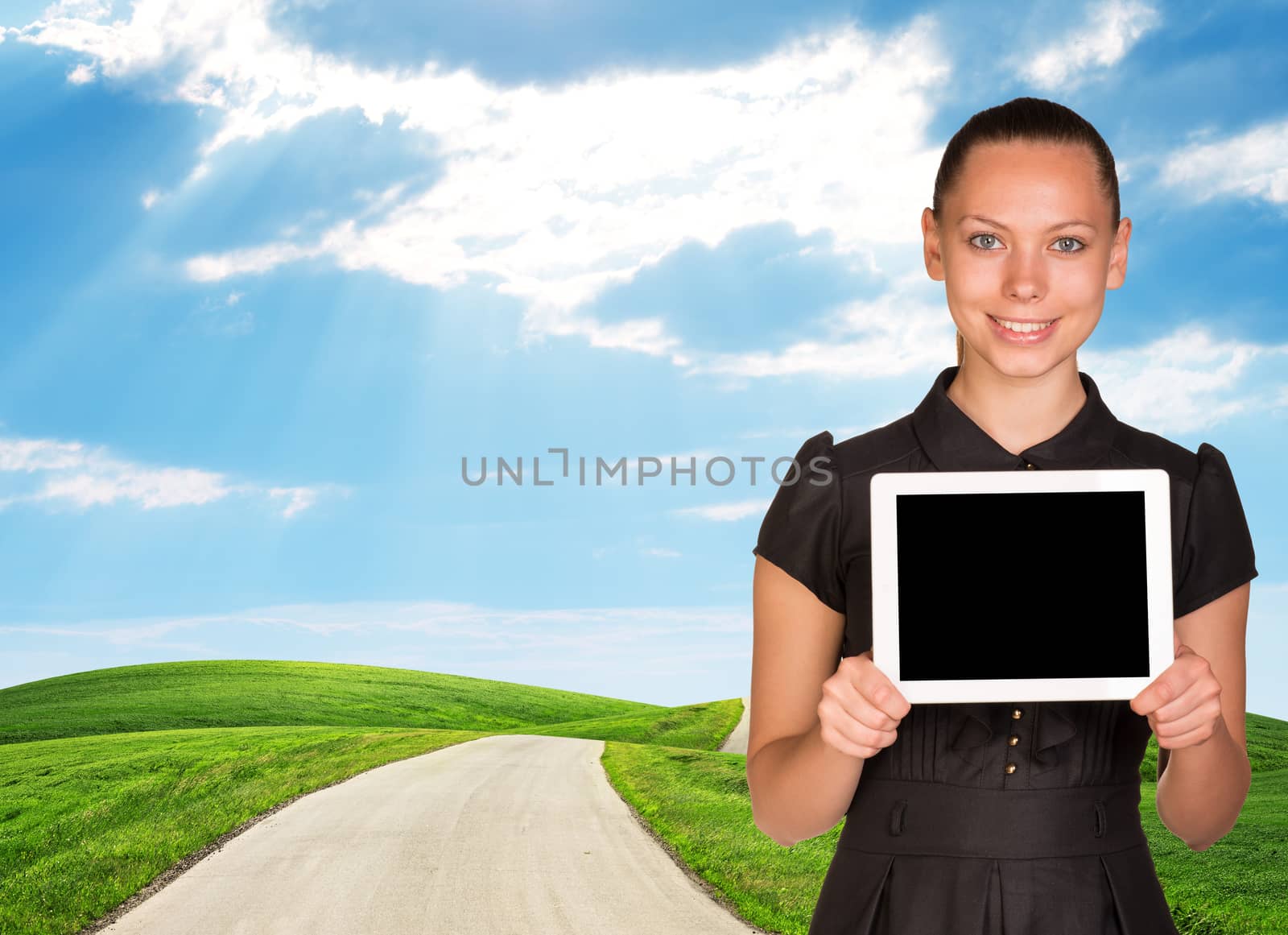 Young woman and landscape under blue sky by cherezoff