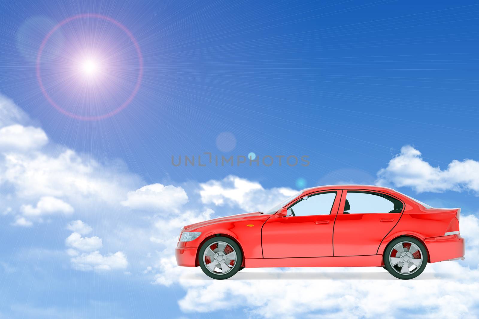 Red car on blue sky background with clouds