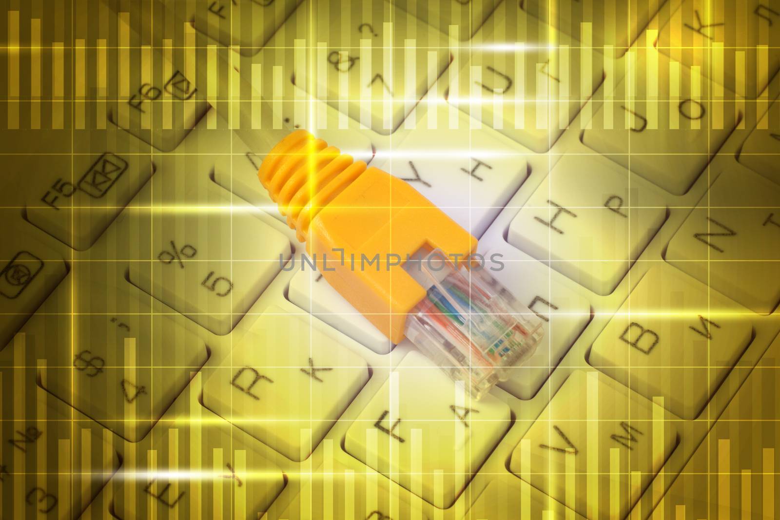 Computer cable on keyboard in abstract yellow background with numbers