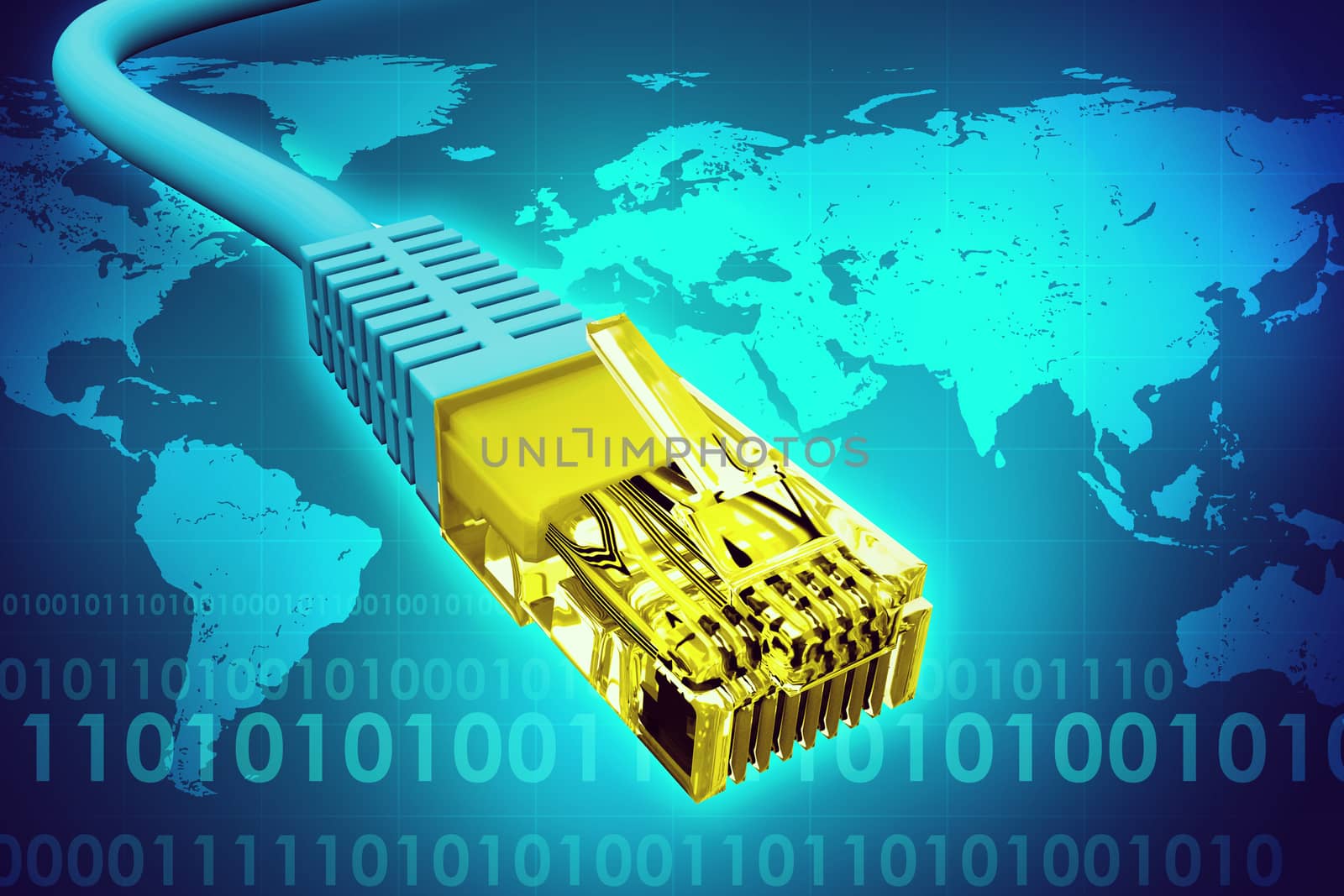 Golden computer cable on abstract blue background with world map