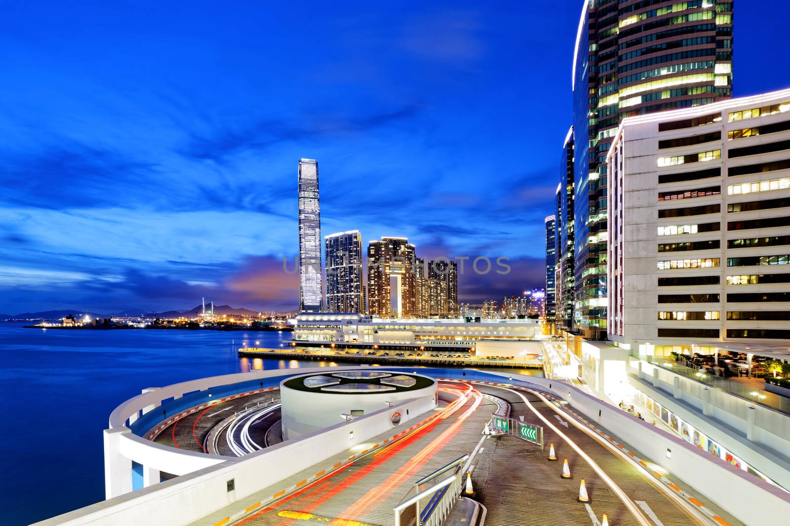 traffic in modern city at night, Hong Kong.