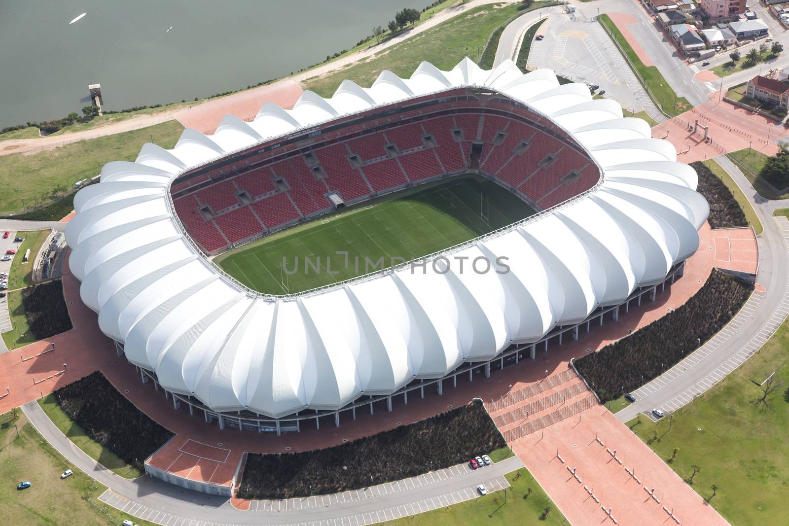 Arial View of Soccer Stadium and Lake by fouroaks