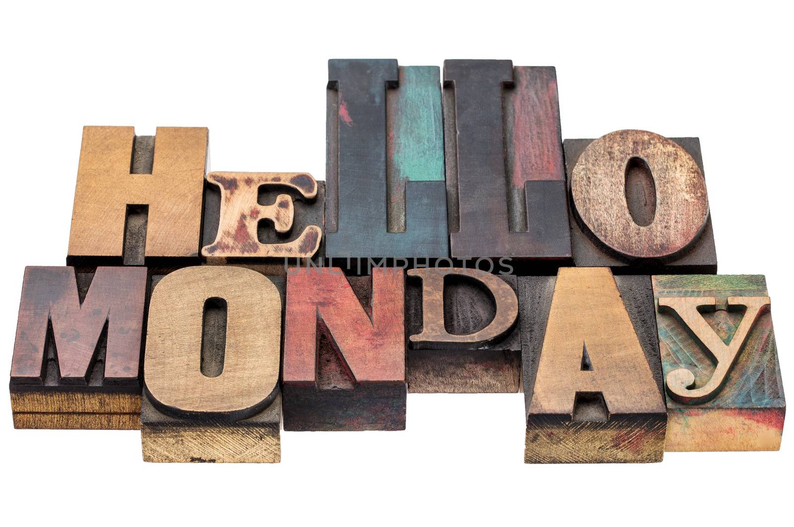 Hello Monday typography abstract - isolated text in mixed letterpress wood type blocks
