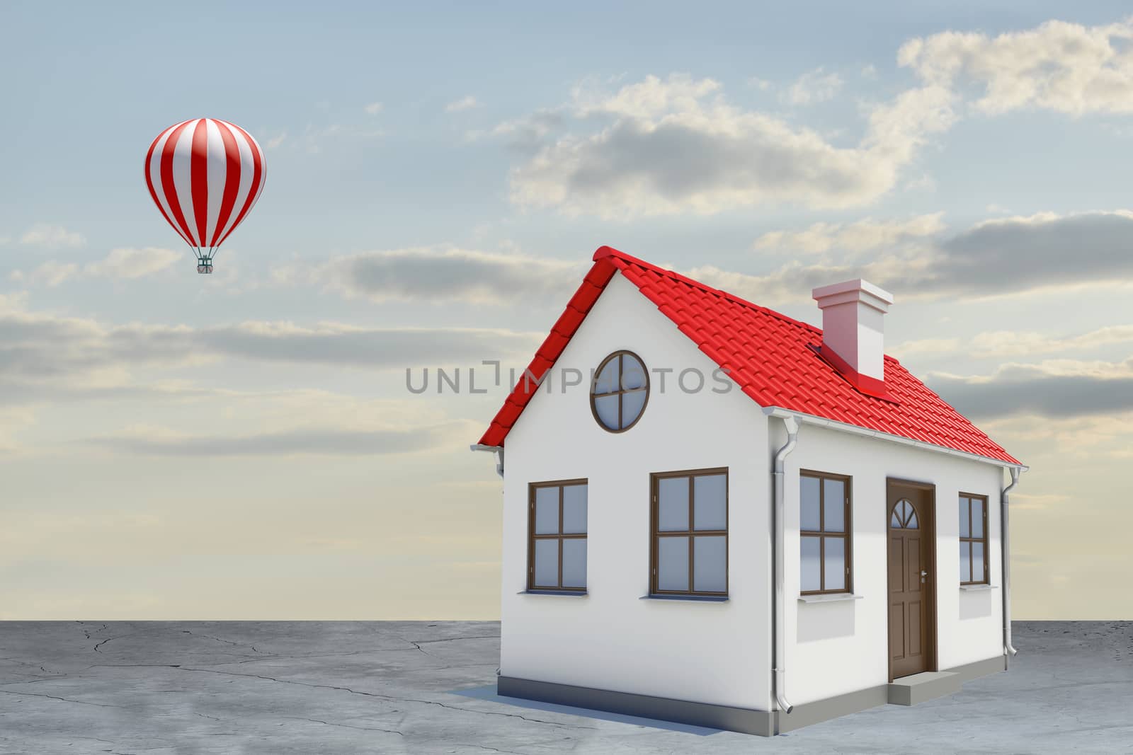White house with red roof, brown door and chimney. Background sun shines brightly on large clouds