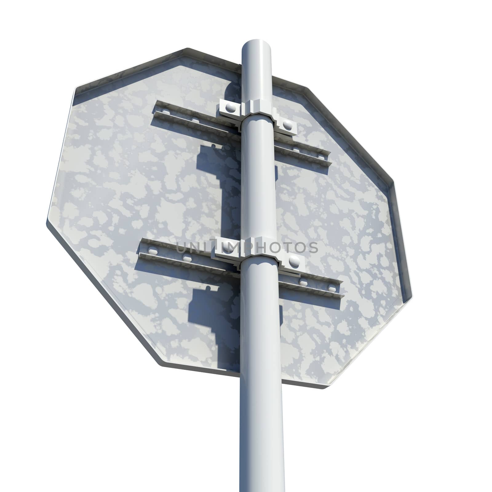 Octagonal road sign. Rear view. Isolated on white background