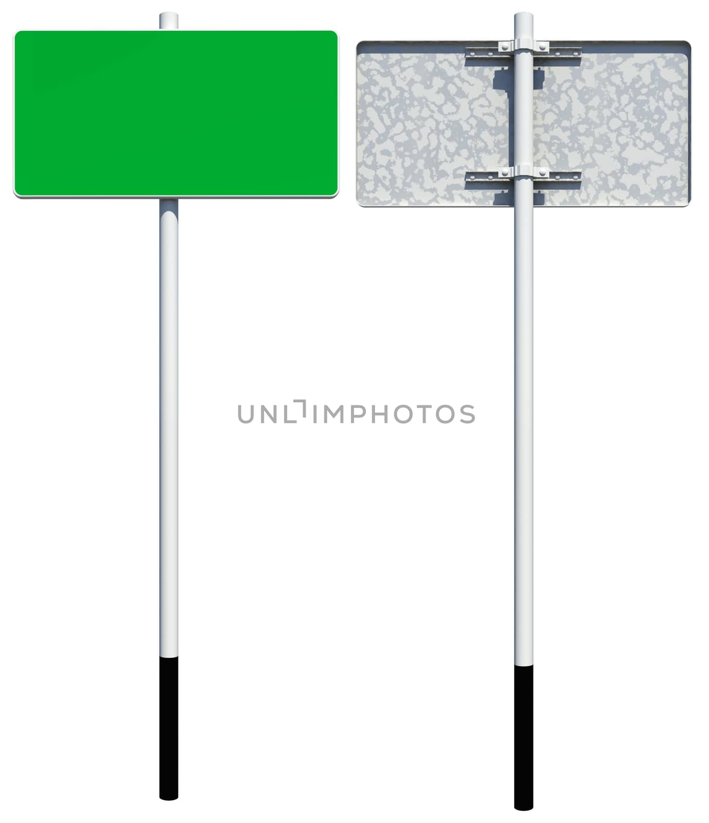 Rectangle green road sign. Front and back view. Isolated on white background