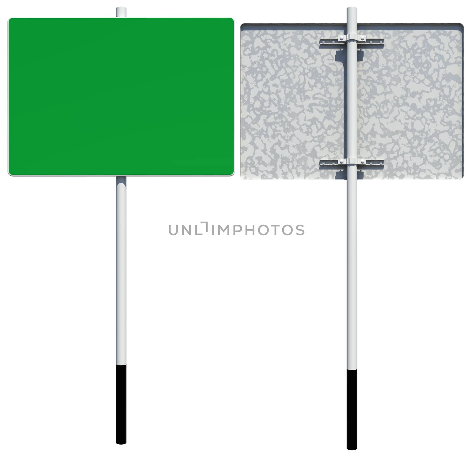 Rectangle green road sign. Front and back view. Isolated on white background