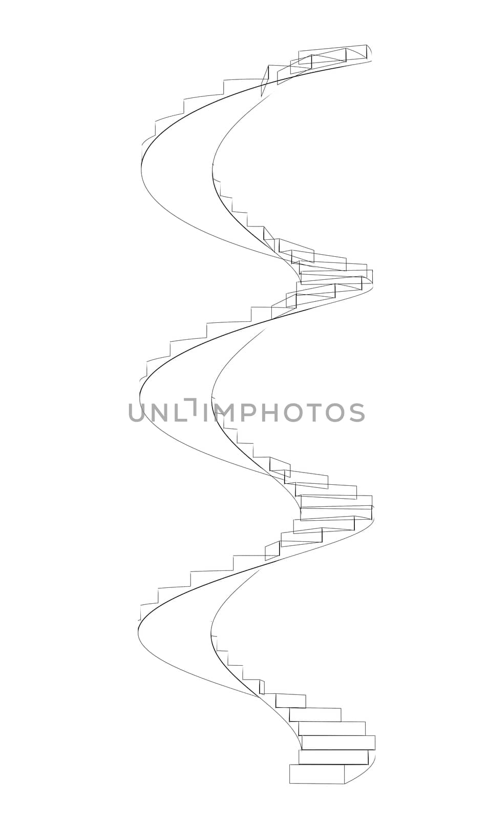 Wire-frame spiral stairs. Front view. Three full turns. Isolated on white background