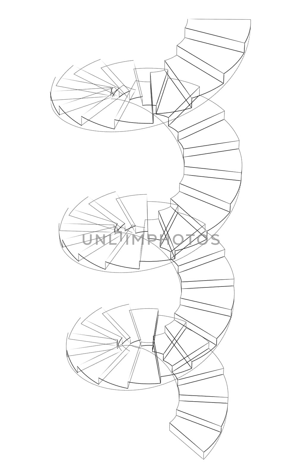 Wire-frame spiral stairs. Perspective view. Isolated on white background