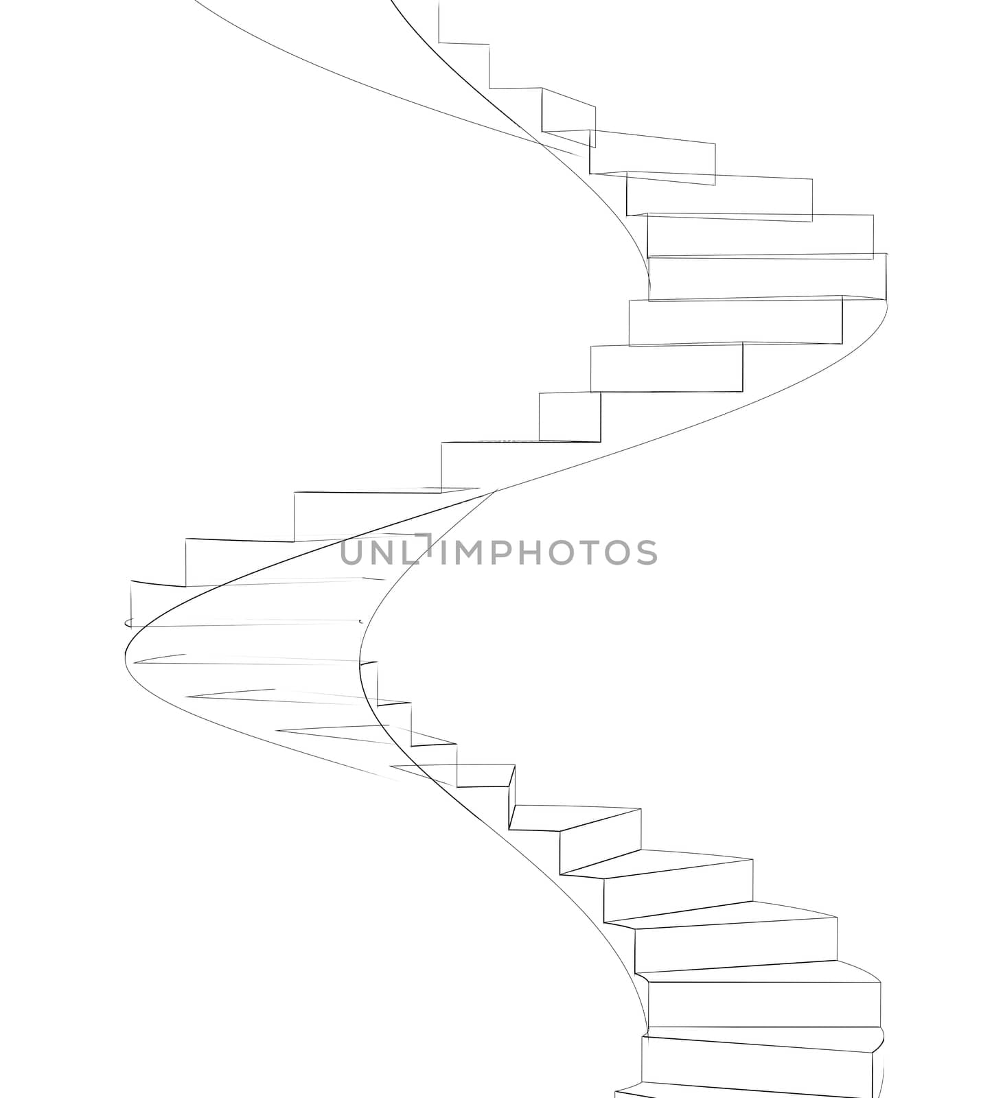 Wire-frame spiral stairs. Front view. Isolated on white background