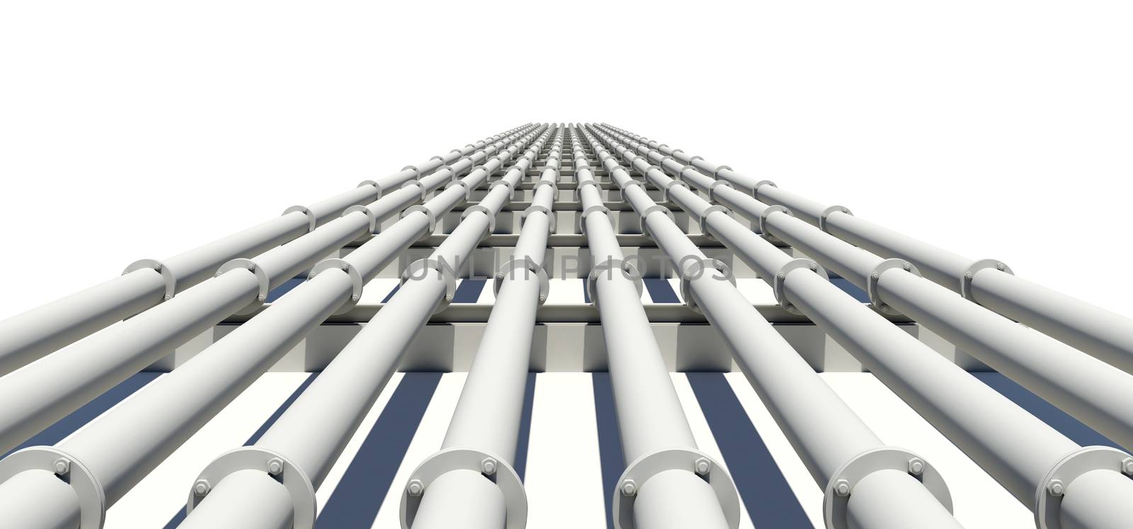 Many white industrial pipes stretching into distance. Isolated. Transportation concept by cherezoff