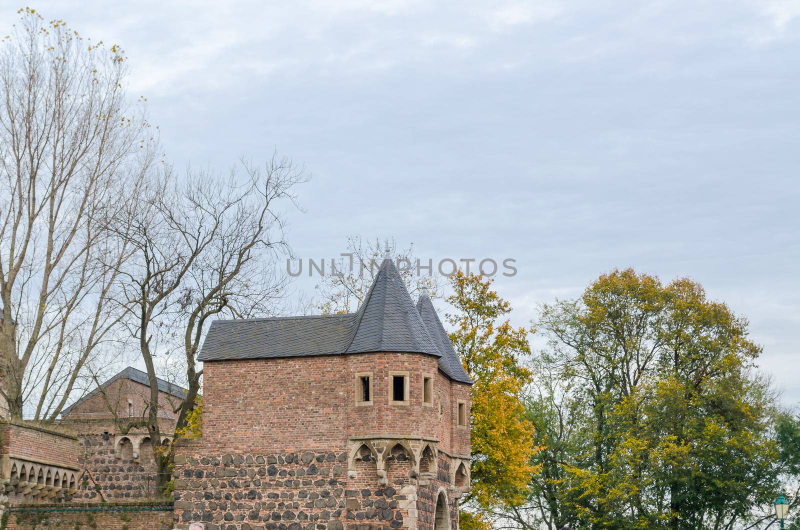 Medieval city gate of the fortress Zons, the South Gate photographed from the side.