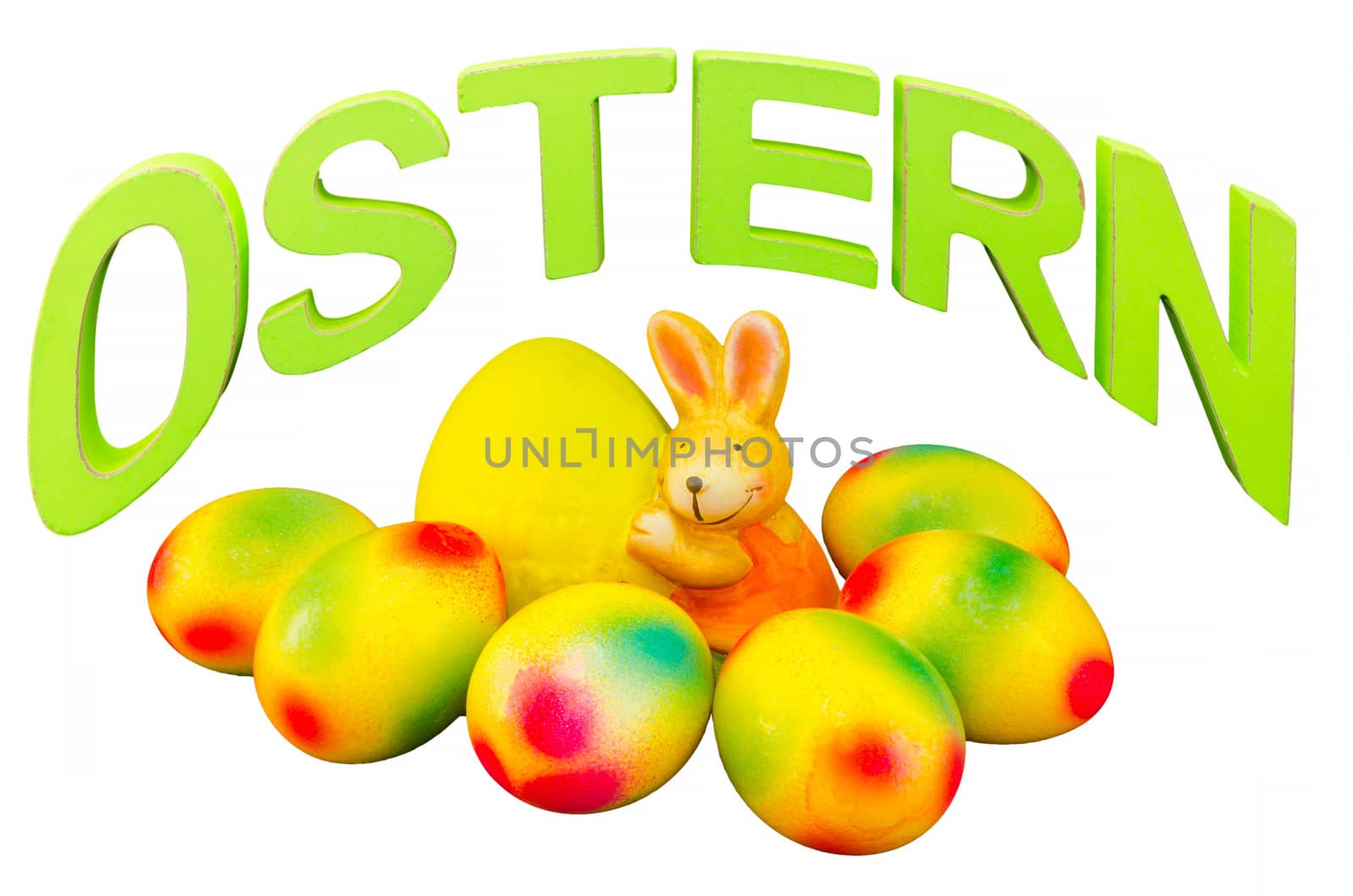 Easter Bunny, self painted easter eggs and easter lettering against white background.