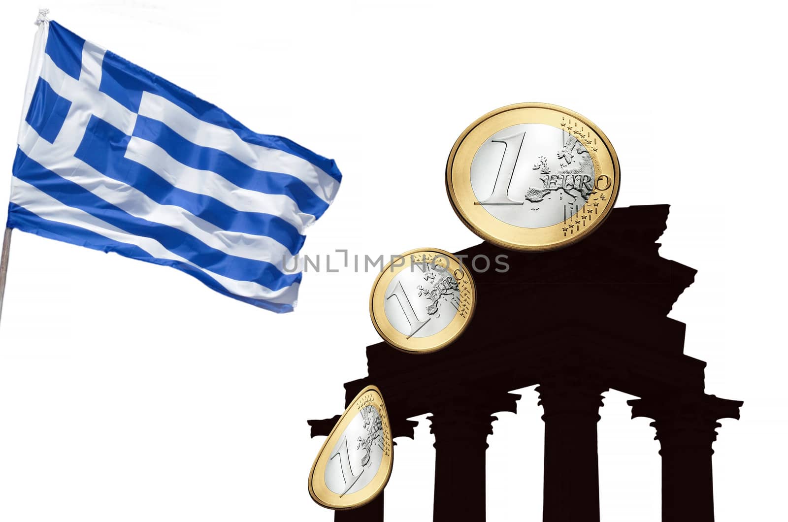 Concept, Greek, European financial crisis. Flag Greece, euro coins and Greek columns.