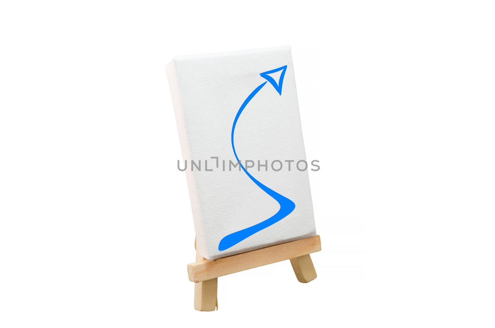 Miniature artist easel, isolated on white with a blue arrow.