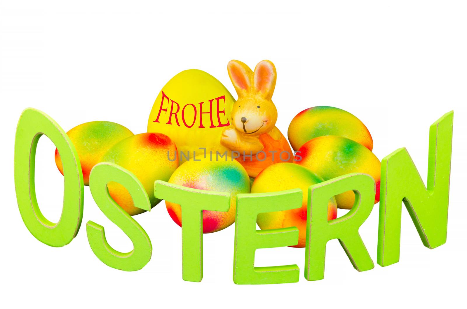 Easter Bunny, Easter eggs and even painted lettering Easter against white background.
