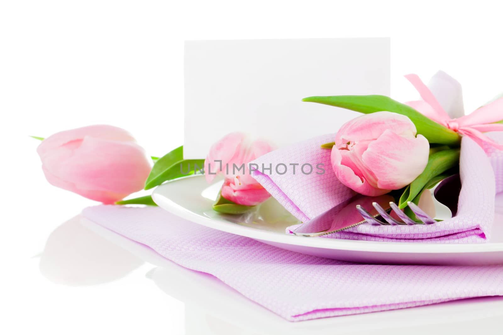 pink tulips in a plate, on a white background. romantic still life with fresh flowers