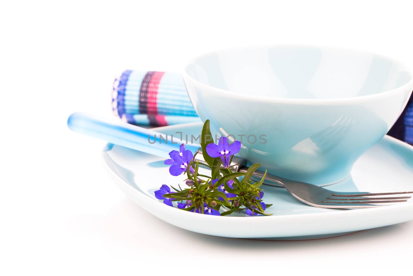 tableware with blue lobelia flowers and cutlery, on a white background.