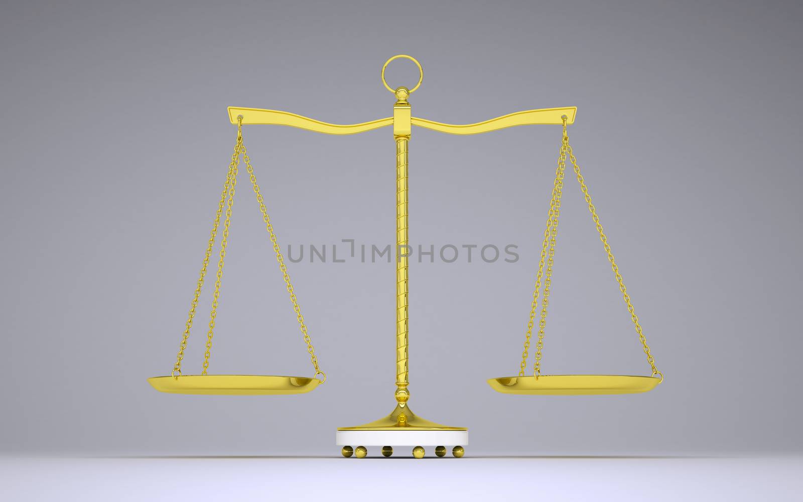 Gold beam balance with shadow. Front view. Gray background