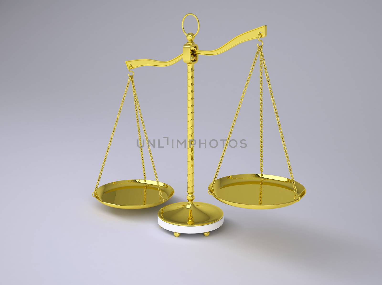 Gold beam balance with shadow. Concept of fair trial. Gray background