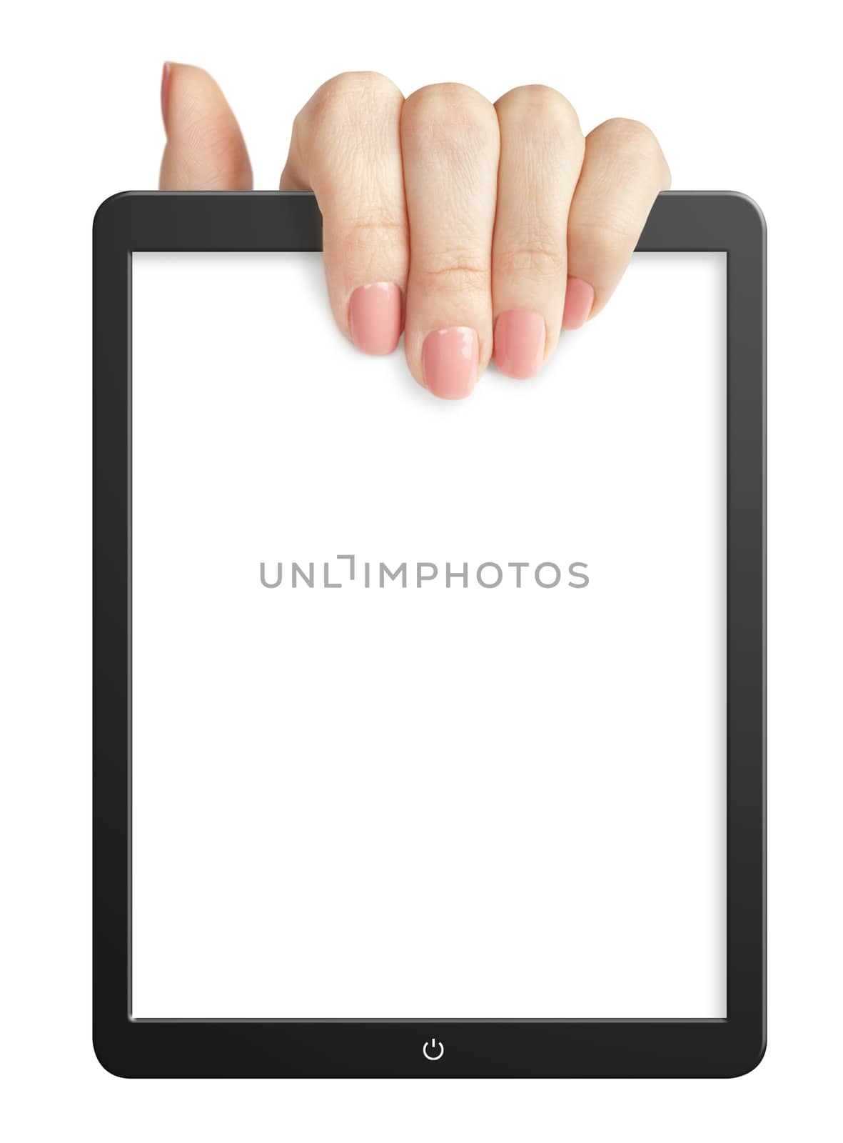 Hand holding a blank tablet on a white background