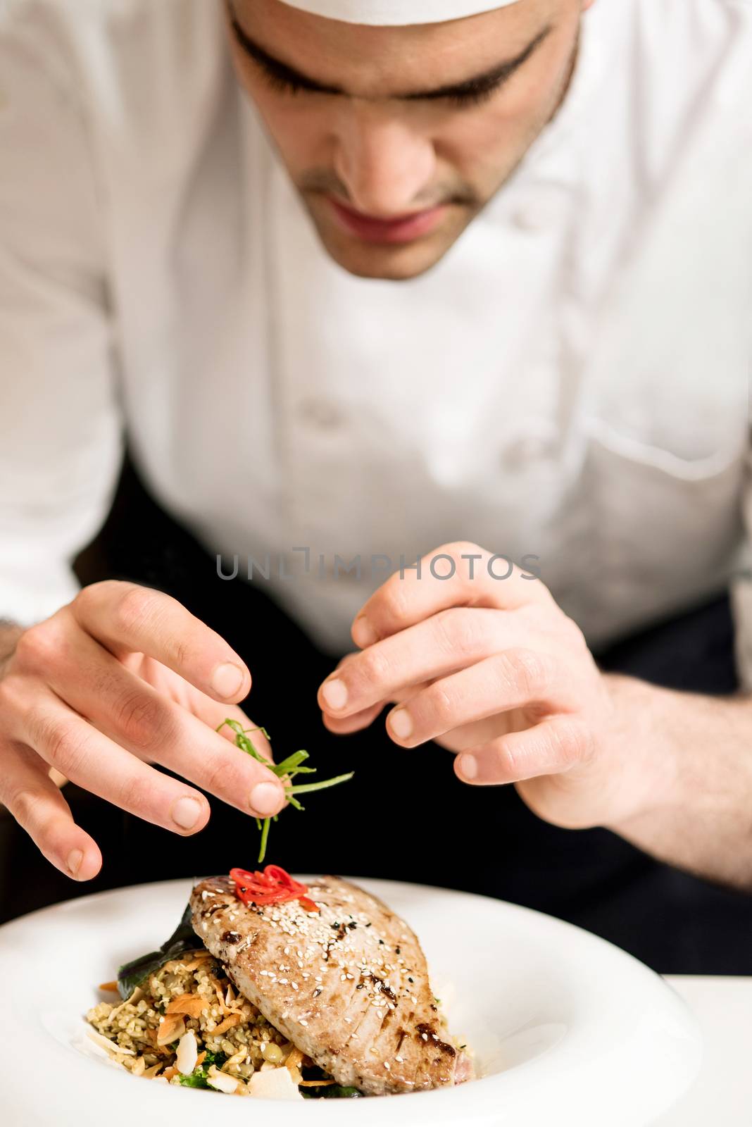 Close up of chef decorating fish food in kitchen