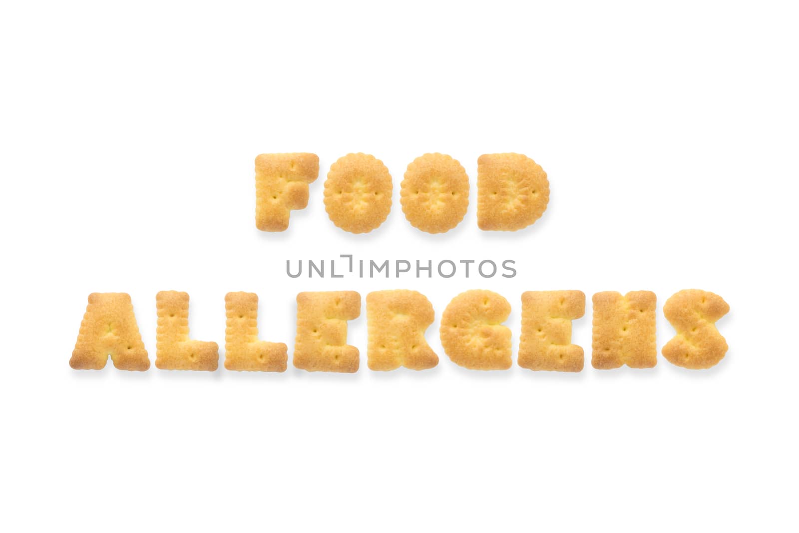 Collage of the capital letters word FOOD ALLERGENS. Alphabet cookie biscuits isolated on white background