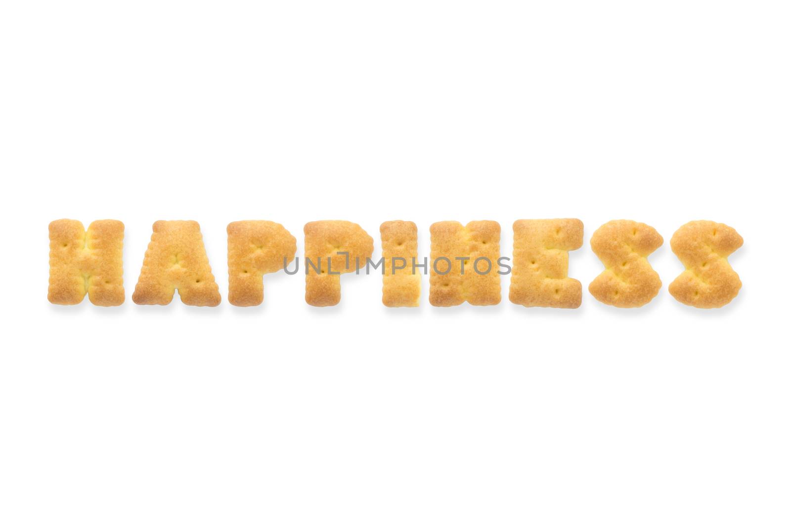 Collage of text word HAPPINESS. Alphabet biscuit cracker isolated on white background