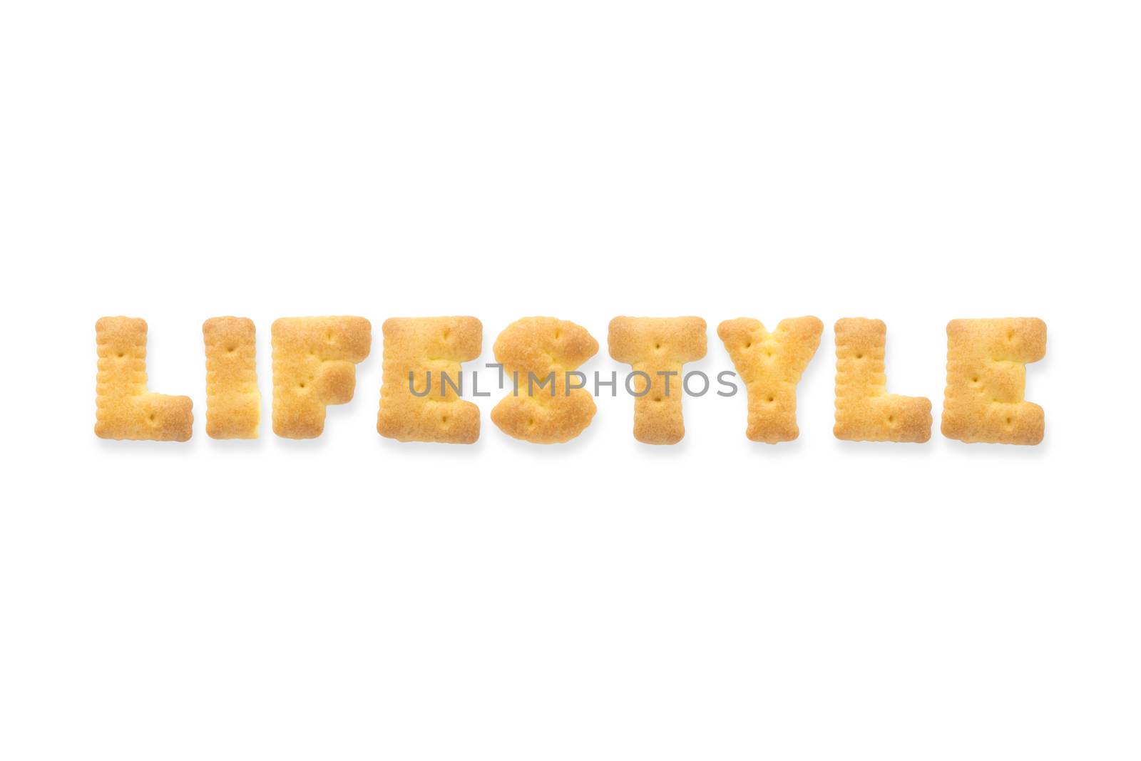 Collage of the uppercase letter-word LIFESTYLE. Alphabet cookie cracker isolated on white background