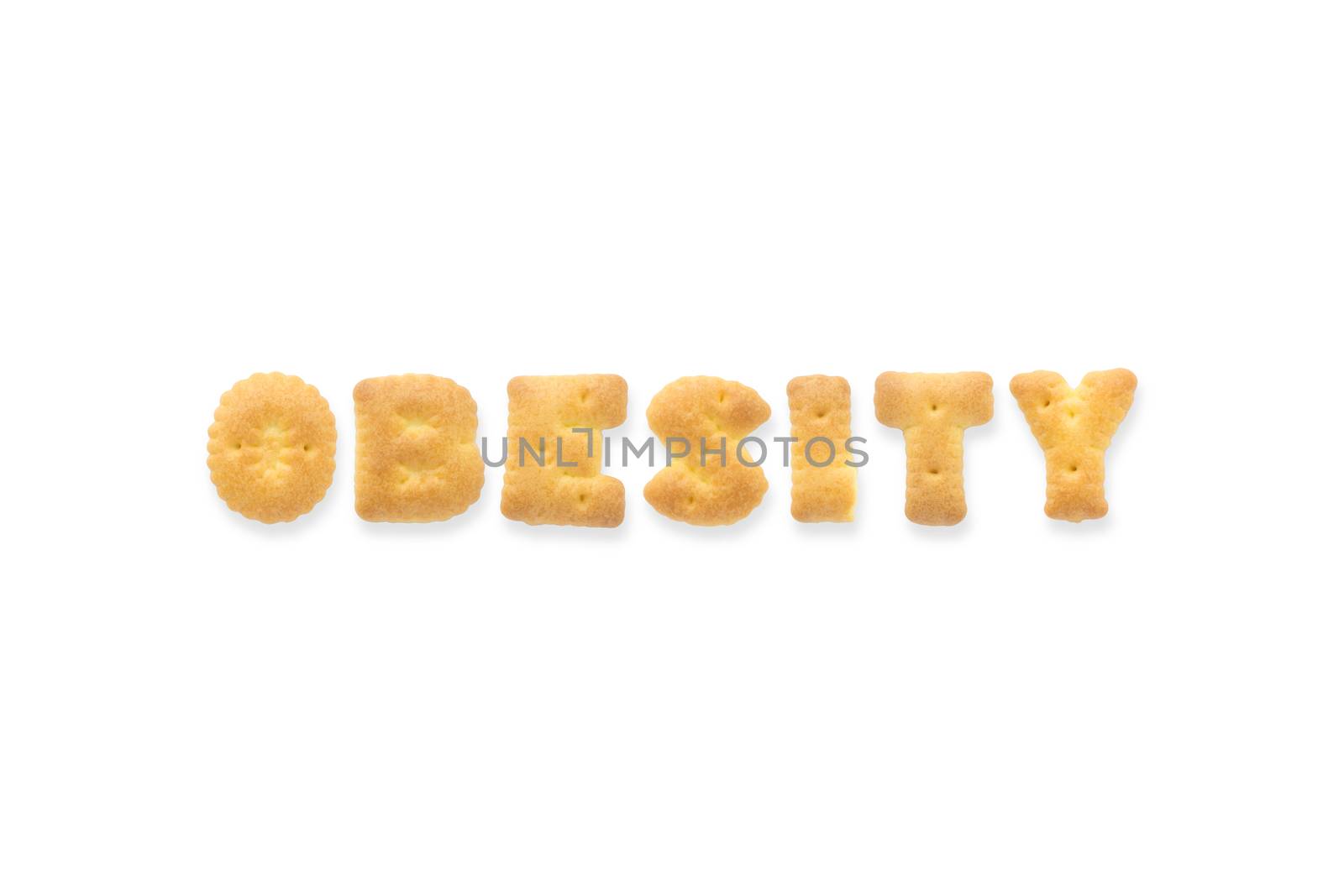Collage of the capital letters word OBESITY. Alphabet cookie biscuits isolated on white background