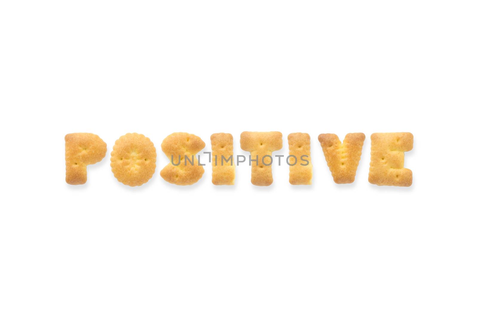 Collage of text word POSITIVE. Alphabet biscuit cracker isolated on white background