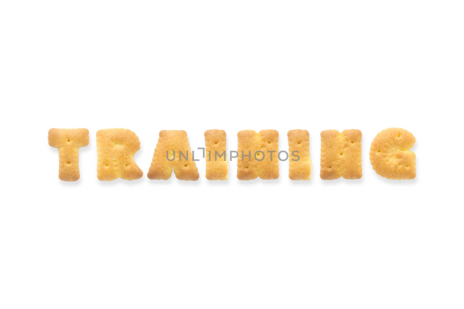 Collage of the uppercase letter-word TRAINING. Alphabet cookie cracker isolated on white background
