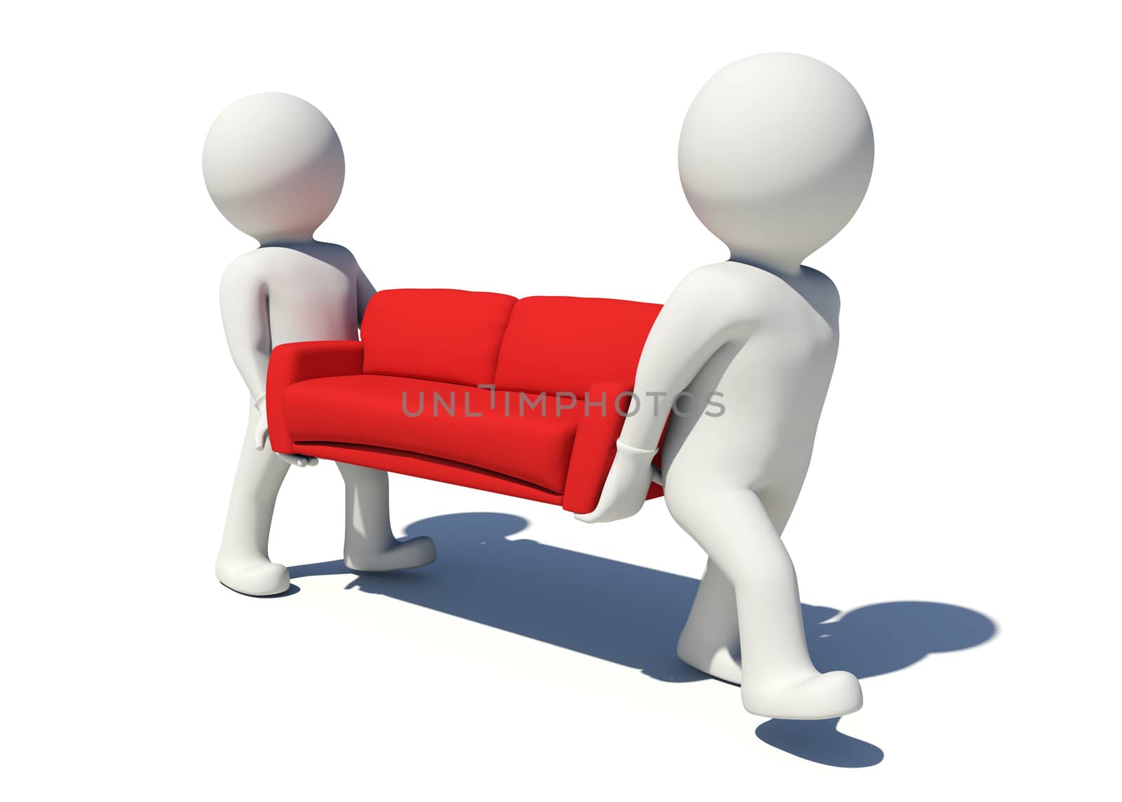 Two white people carrying red sofa. Isolated render on white background