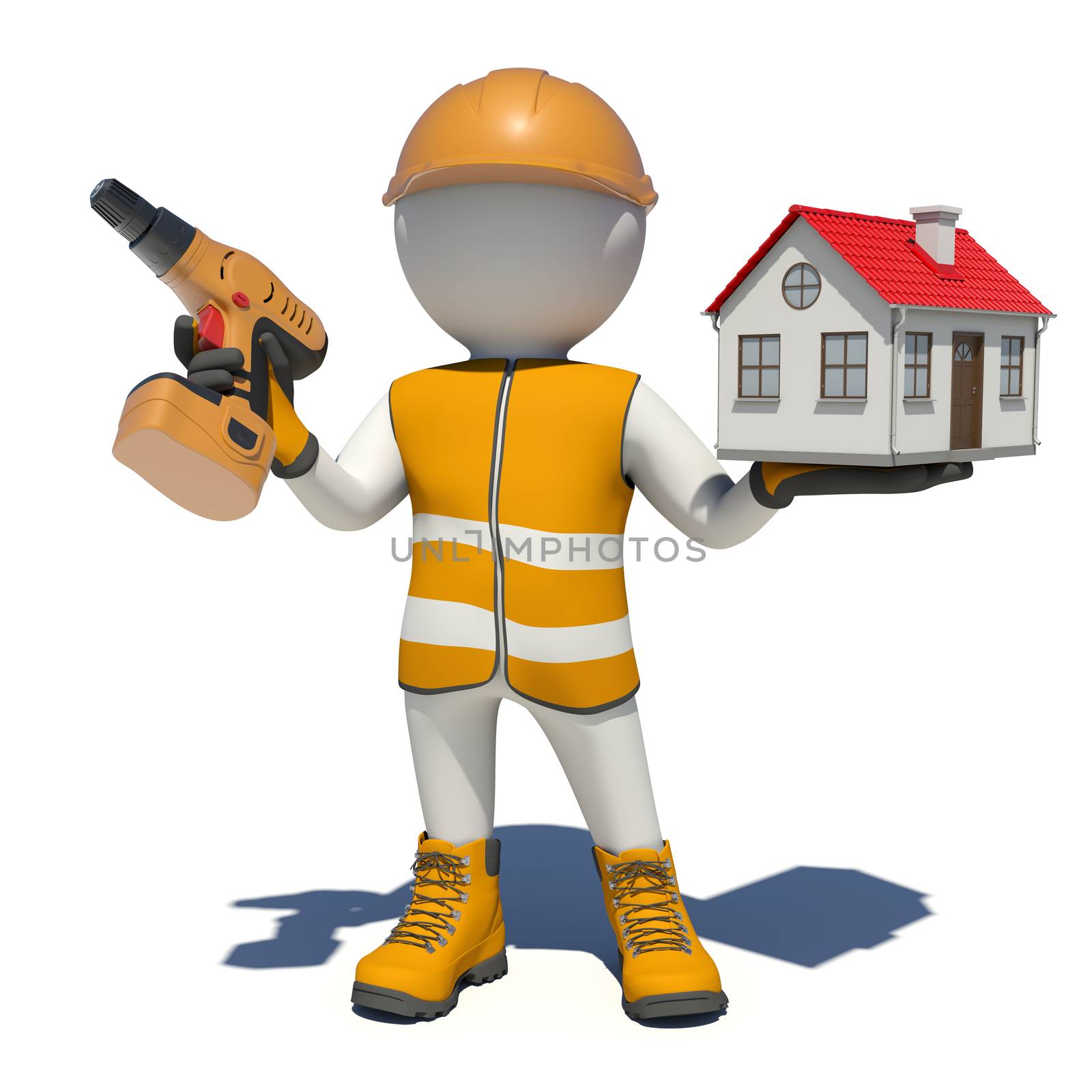 Worker in vest, shoes and helmet holding screwdriver and small house. Isolated render on white background