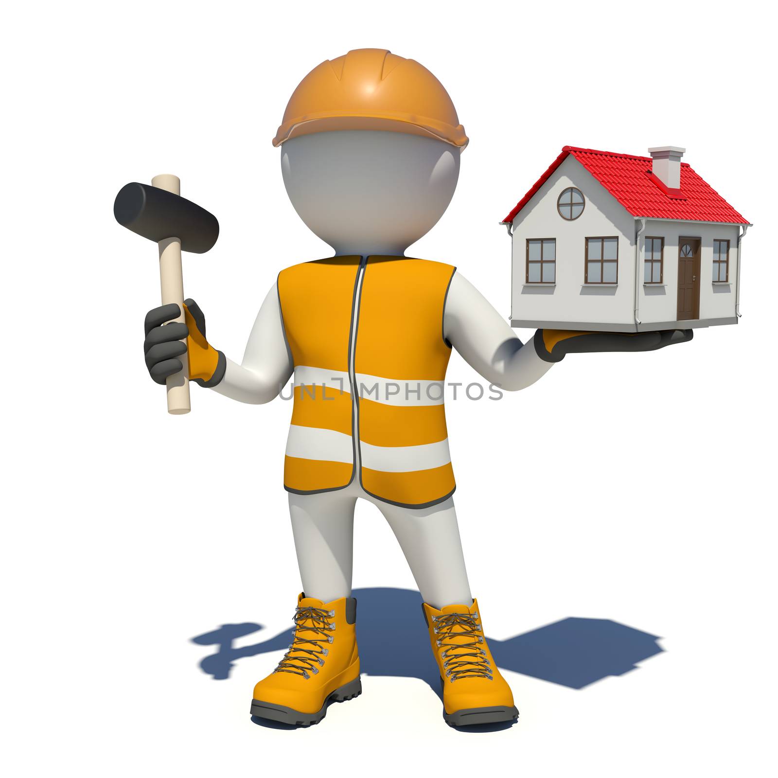 Worker in vest, shoes and helmet holding hammer and small house. Isolated render on white background
