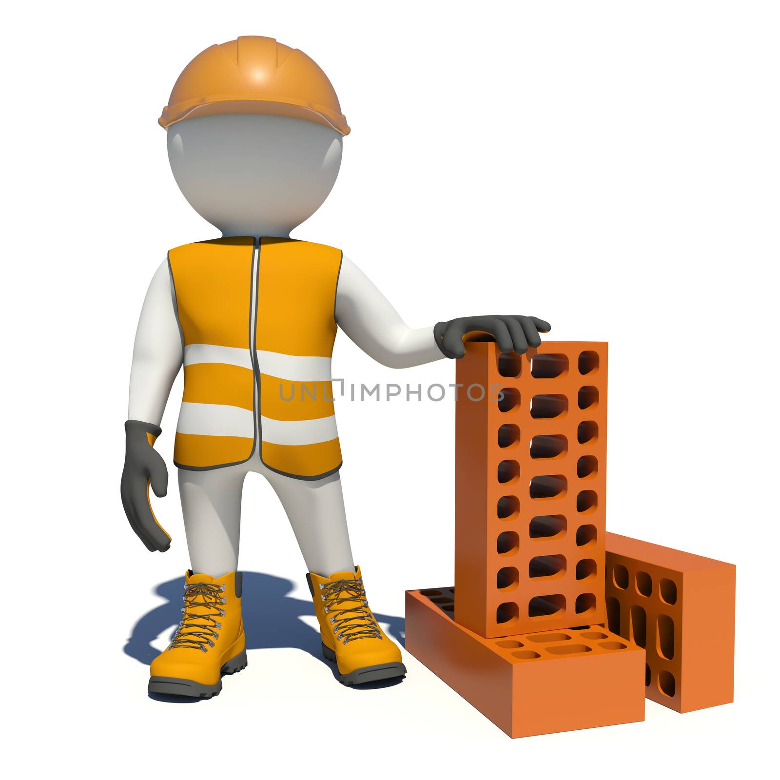 Worker in vest, shoes and helmet holding big red brick. Isolated by cherezoff