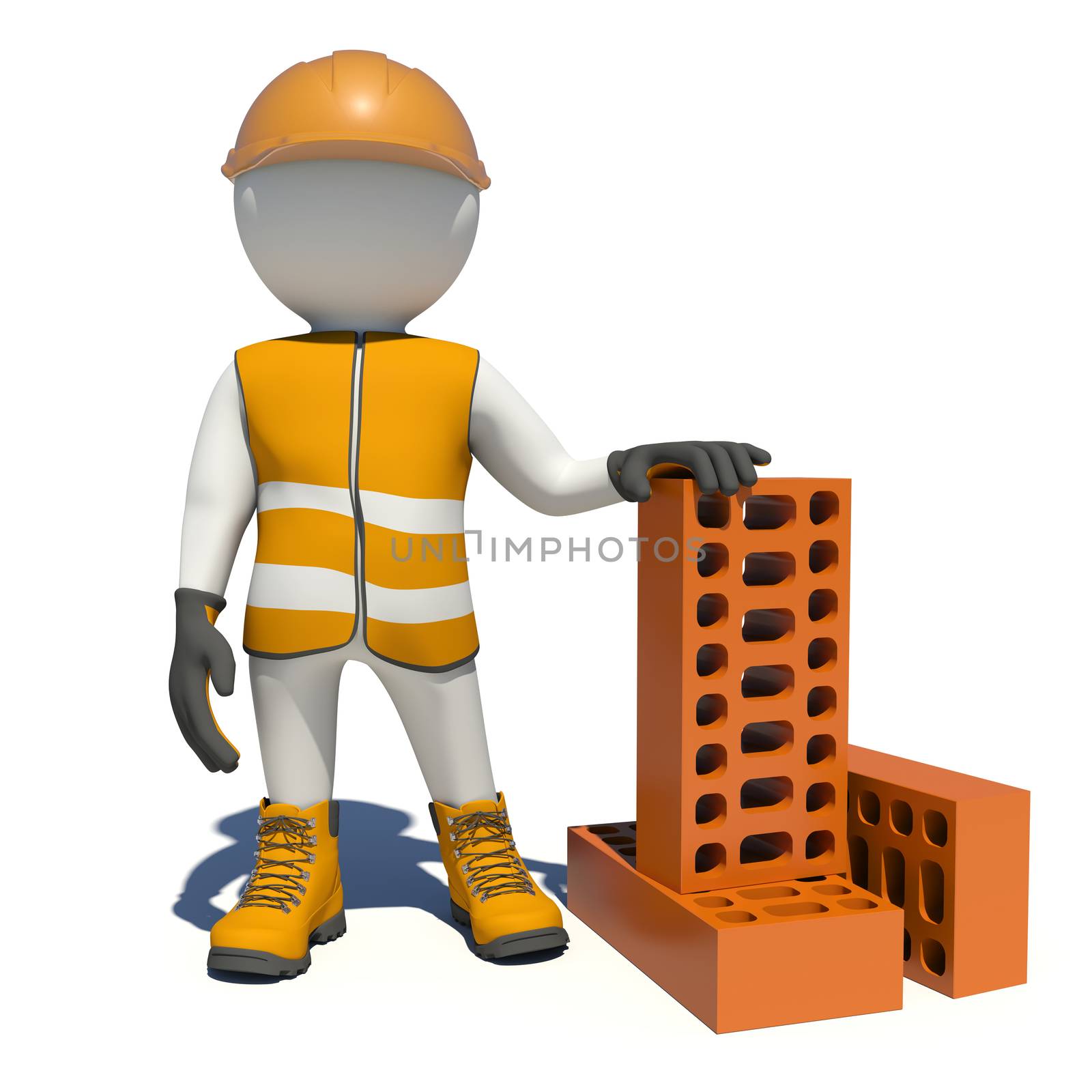 Worker in vest, shoes and helmet holding big red brick. Isolated render on white background