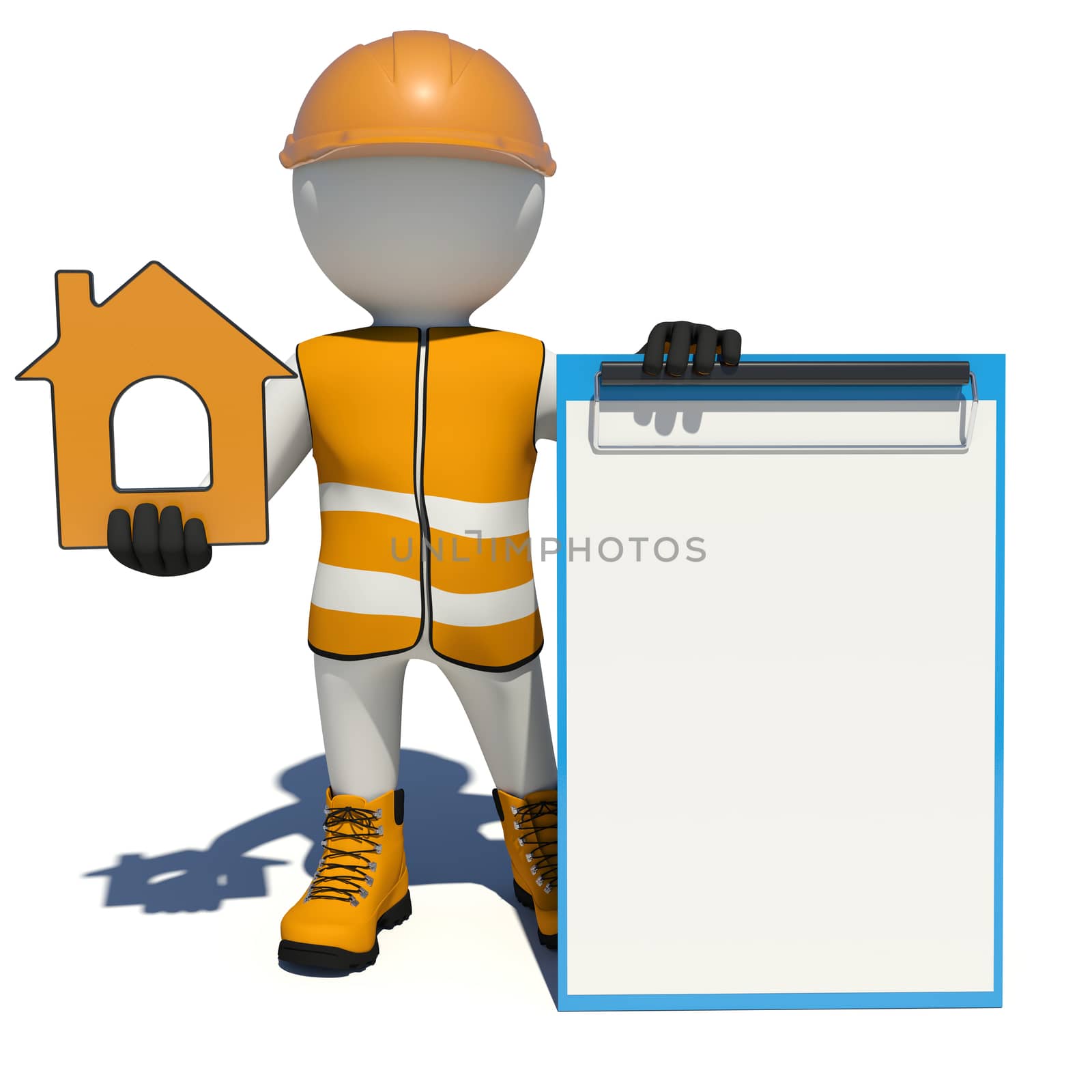 Worker in overalls holding house icon and empty clipboard. Isolated by cherezoff