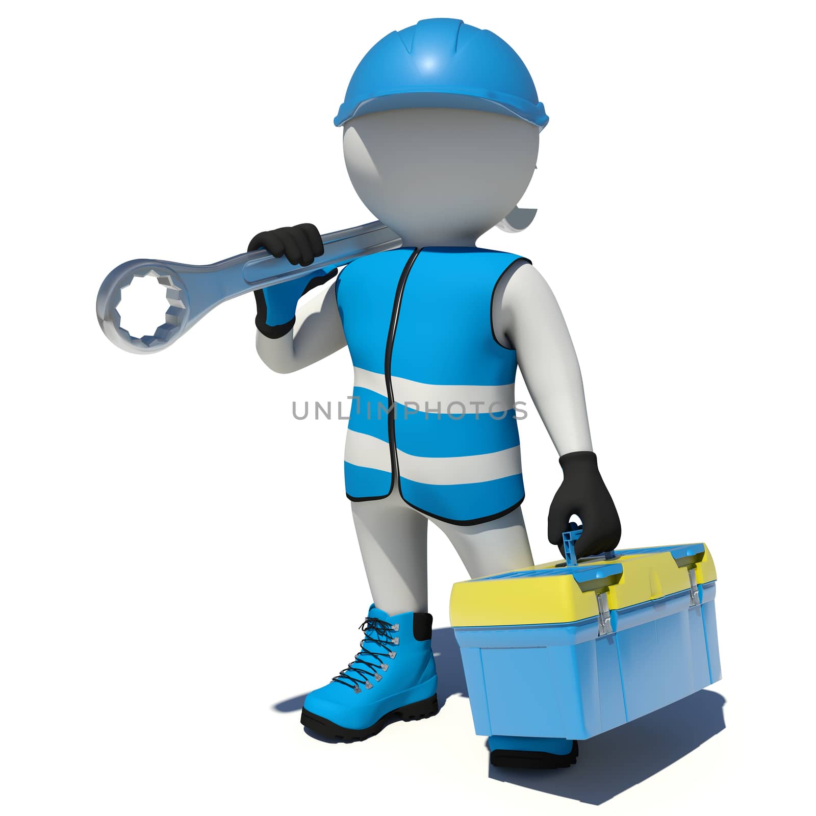 Worker in overalls holding tool box and wrench on his shoulder. Isolated render on white background
