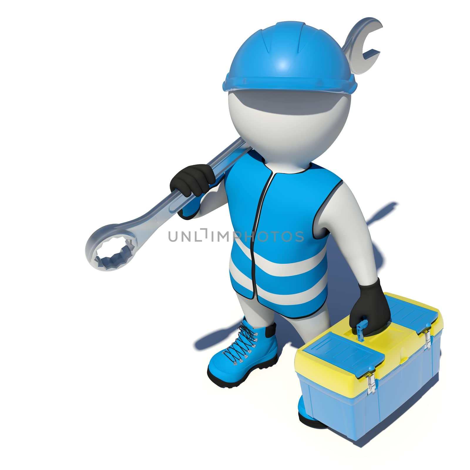 Worker in overalls holding tool box and wrench on his shoulder. Top view. Isolated render on white background