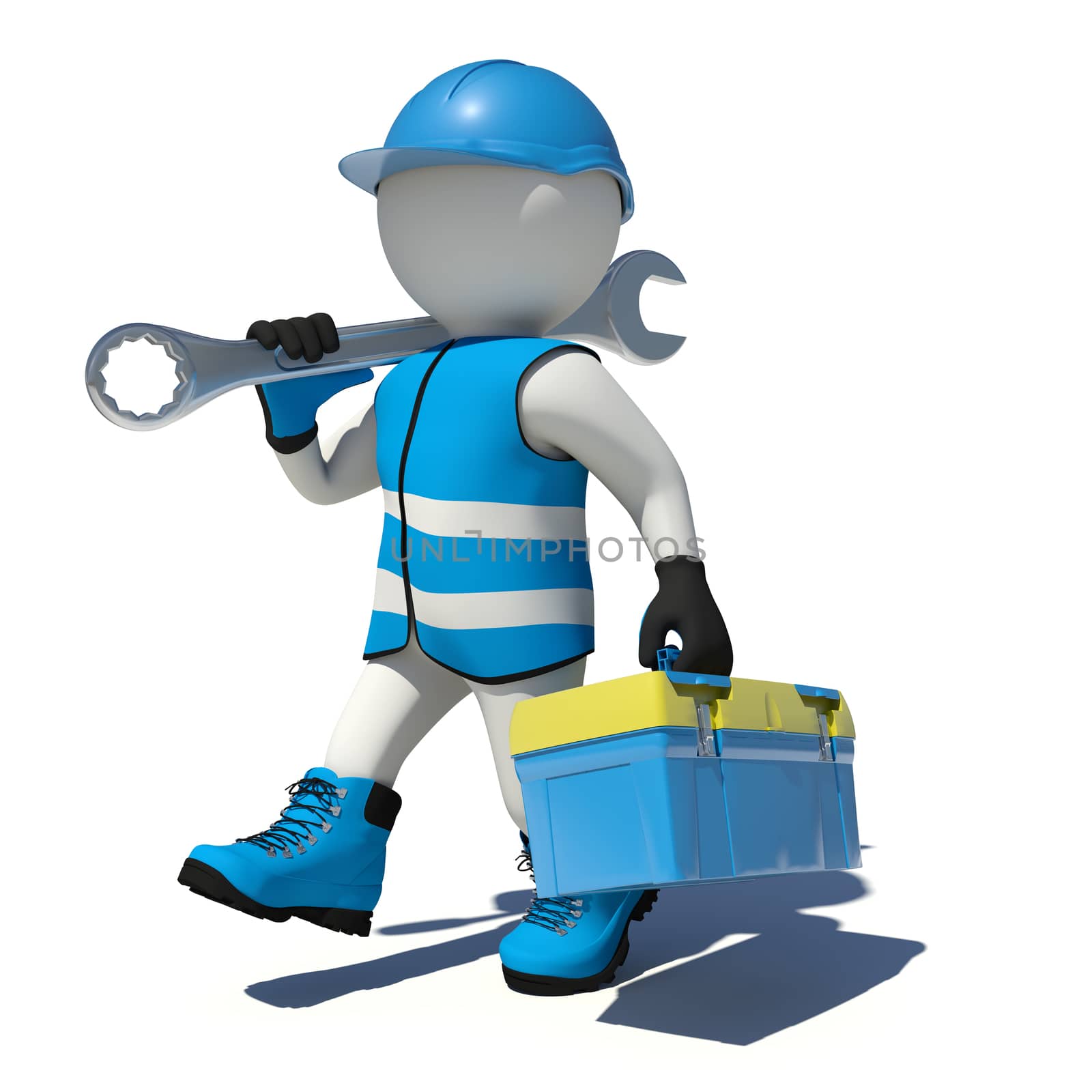 Walking worker in overalls holding tool box and wrench on his shoulder. Isolated render on white background
