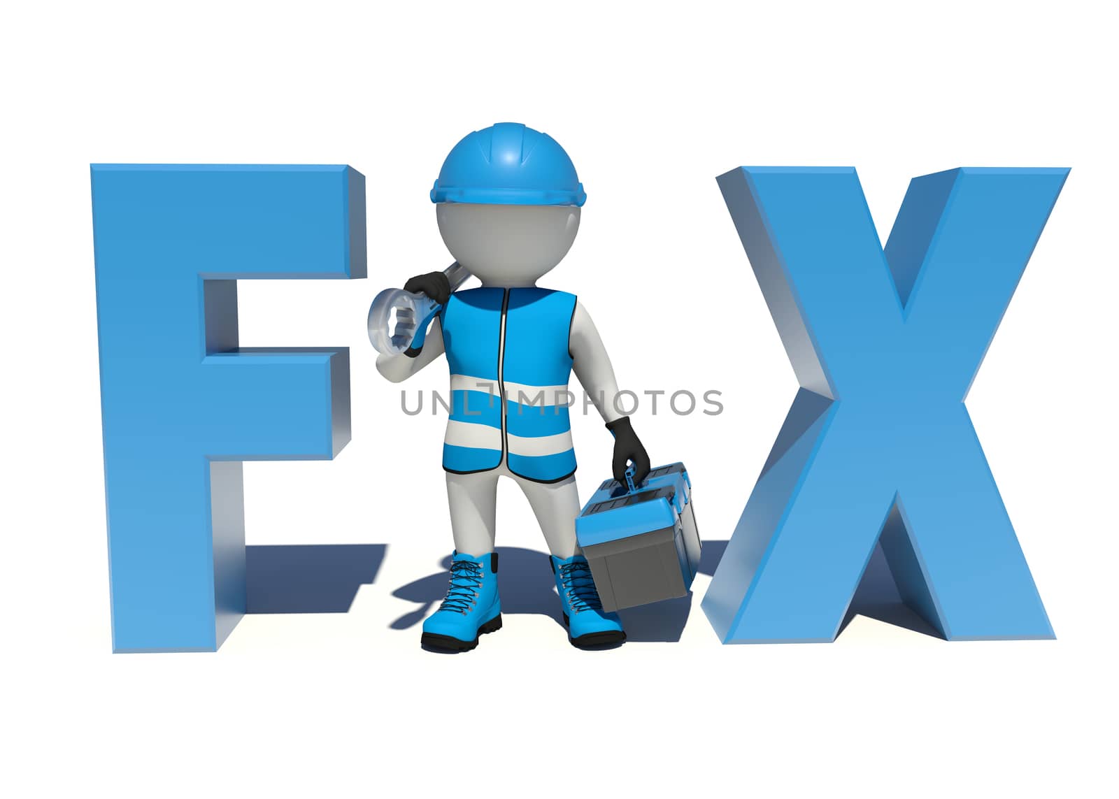 Worker in overalls holding tool box and wrench on his shoulder. Fix concept. Isolated render on white background